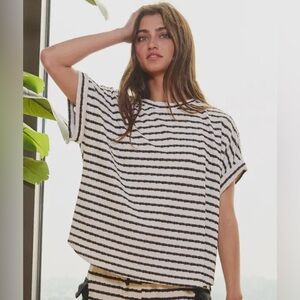Black Striped Print Textured  Dolman Sleeve Top With Drawstring Waist Shorts